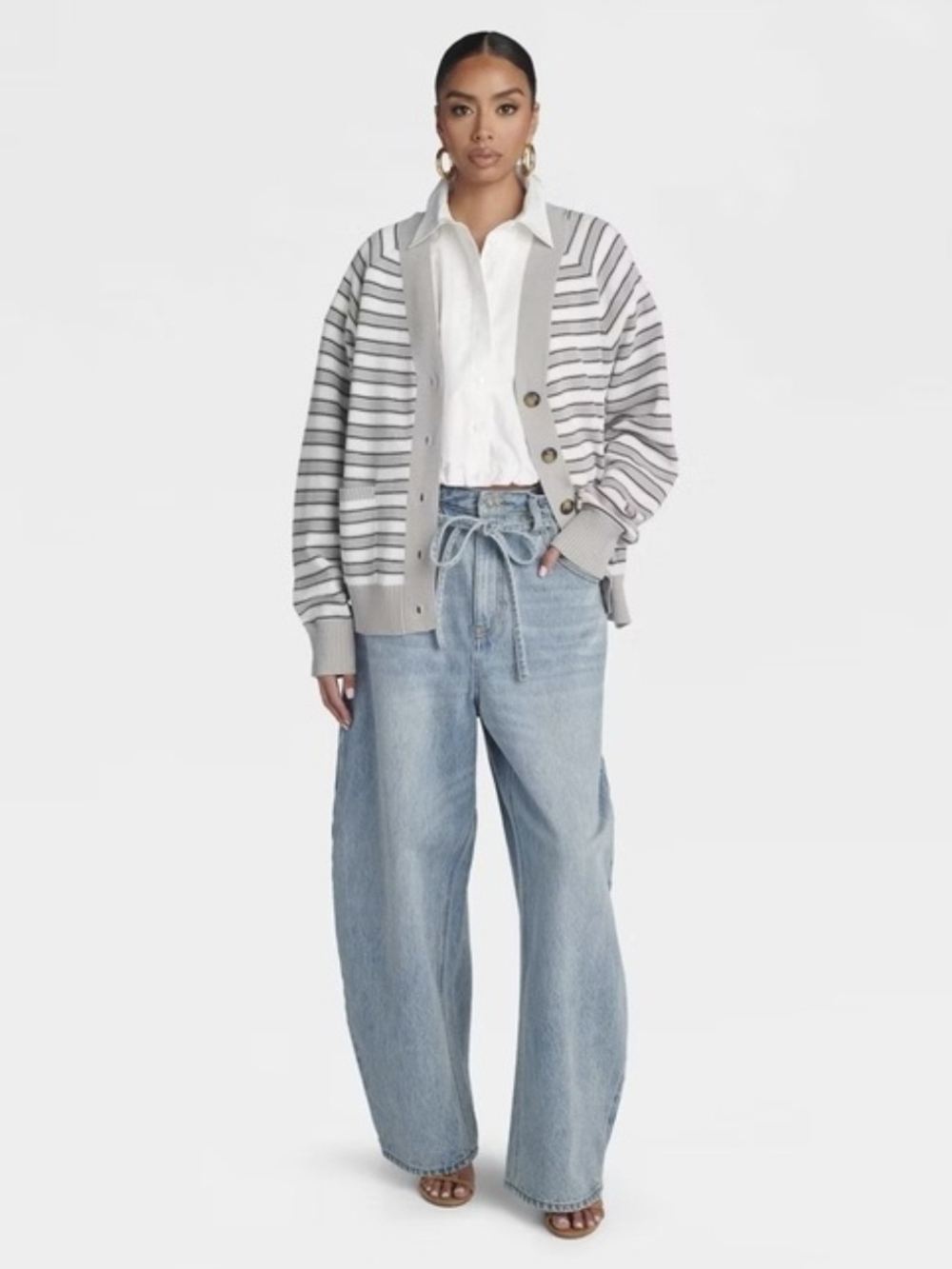 Oversize  Gray & White Striped Button Cardigan